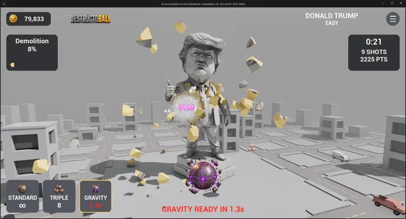 A purple Gravity ball and scattered statue fragments in the gray city arena.