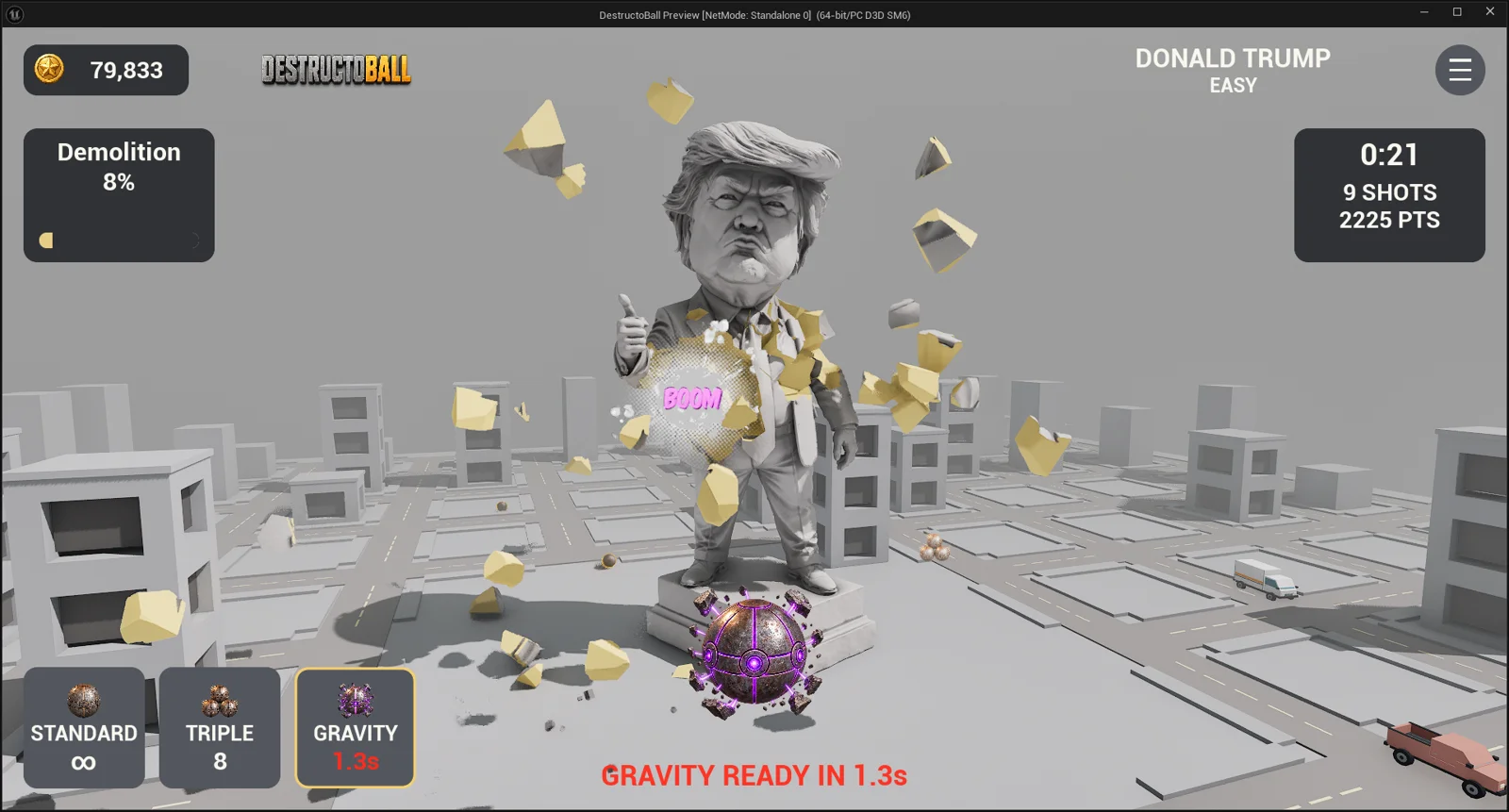 Statue fragments fly through DestructoBall’s grayscale arena