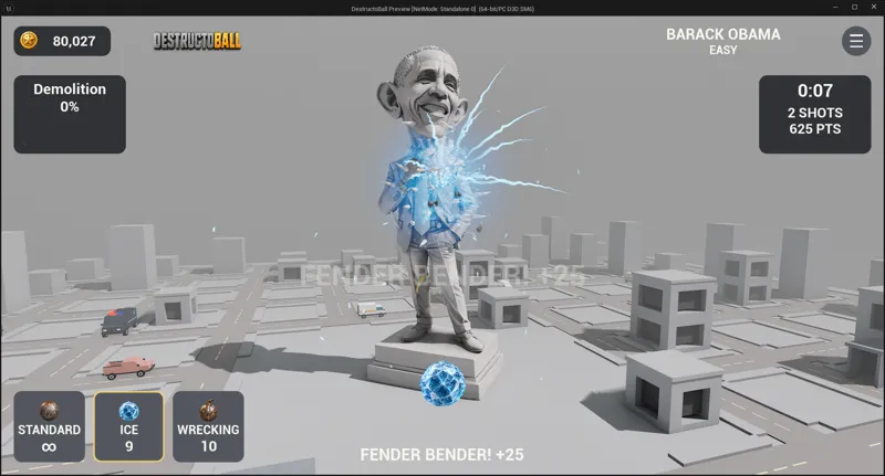 An Ice ball strikes a statue with a bright blue freezing effect.
