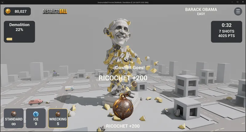 A Wrecking ball launches toward a damaged statue surrounded by falling pieces.
